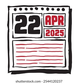 Esta ilustración presenta un elegante calendario de 2025 con marcas claras de fecha y mes, diseñado para una fácil planificación. Minimalista y organizado, destaca cada mes de fecha y líneas de nota 22 abril