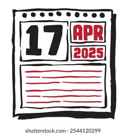 This illustration features a sleek 2025 calendar with clear date and month markings, designed for easy planning. Minimalist and organized, it highlights each date month and note lines 17 April