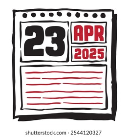 Esta ilustración presenta un elegante calendario de 2025 con marcas claras de fecha y mes, diseñado para una fácil planificación. Minimalista y organizado, destaca cada mes de fecha y líneas de nota 23 abril
