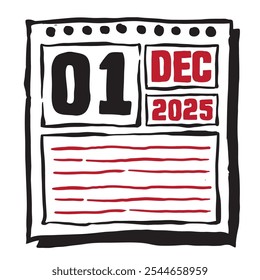 Diese Illustration zeigt einen schlanken Kalender 2025 mit klaren Datums- und Monatsmarkierungen, der für eine einfache Planung konzipiert wurde. Minimalistisch und organisiert, es hebt jedes Datum Monat und Notizzeilen 1 Dezember