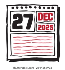 Esta ilustración presenta un elegante calendario de 2025 con marcas claras de fecha y mes, diseñado para una fácil planificación. Minimalista y organizado, destaca cada mes de fecha y líneas de nota 27 diciembre