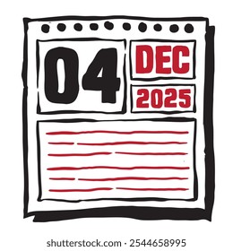 Esta ilustración presenta un elegante calendario de 2025 con marcas claras de fecha y mes, diseñado para una fácil planificación. Minimalista y organizado, destaca cada fecha mes y nota líneas 4 diciembre