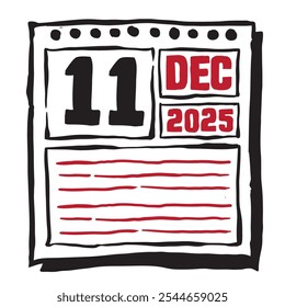 Diese Illustration zeigt einen schlanken Kalender 2025 mit klaren Datums- und Monatsmarkierungen, der für eine einfache Planung konzipiert wurde. Minimalistisch und organisiert, hebt es jedes Datum Monat und Notizzeilen 11 Dezember