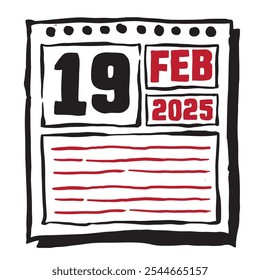 Esta ilustração apresenta um calendário elegante para 2025 com marcações claras de data e mês, projetado para fácil planejamento. Minimalista e organizado, destaca cada mês de data e linhas de nota 19 fevereiro