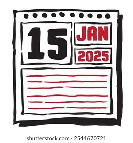 Esta ilustración presenta un elegante calendario de 2025 con marcas claras de fecha y mes, diseñado para una fácil planificación. Minimalista y organizado, destaca cada mes de fecha y líneas de nota 15 de enero