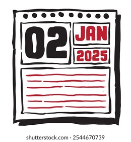 Esta ilustración presenta un elegante calendario de 2025 con marcas claras de fecha y mes, diseñado para una fácil planificación. Minimalista y organizado, destaca cada fecha mes y nota líneas 2 enero