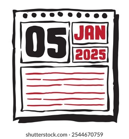 Esta ilustración presenta un elegante calendario de 2025 con marcas claras de fecha y mes, diseñado para una fácil planificación. Minimalista y organizado, destaca cada fecha mes y nota líneas 5 enero