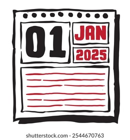 Esta ilustração apresenta um calendário elegante para 2025 com marcações claras de data e mês, projetado para fácil planejamento. Minimalista e organizado, destaca cada mês de data e linhas de nota 1 janeiro