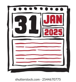 Diese Illustration zeigt einen schlanken Kalender 2025 mit klaren Datums- und Monatsmarkierungen, der für eine einfache Planung konzipiert wurde. Minimalistisch und organisiert, hebt es jedes Datum Monat und Notizzeilen 31 Januar