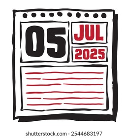 This illustration features a sleek 2025 calendar with clear date and month markings, designed for easy planning. Minimalist and organized, it highlights each date month and note lines 5 July