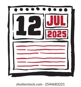 This illustration features a sleek 2025 calendar with clear date and month markings, designed for easy planning. Minimalist and organized, it highlights each date month and note lines 12 July