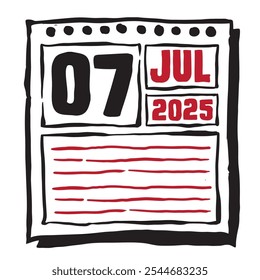 This illustration features a sleek 2025 calendar with clear date and month markings, designed for easy planning. Minimalist and organized, it highlights each date month and note lines 7 July