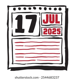 Diese Illustration zeigt einen schlanken Kalender 2025 mit klaren Datums- und Monatsmarkierungen, der für eine einfache Planung konzipiert wurde. Minimalistisch und organisiert, hebt es jedes Datum Monat und Notizzeilen 17 Juli hervor