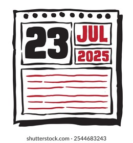 Esta ilustración presenta un elegante calendario de 2025 con marcas claras de fecha y mes, diseñado para una fácil planificación. Minimalista y organizado, destaca cada mes de fecha y líneas de nota 23 de julio