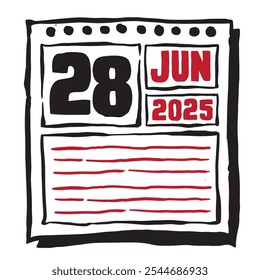 Esta ilustración presenta un elegante calendario de 2025 con marcas claras de fecha y mes, diseñado para una fácil planificación. Minimalista y organizado, destaca cada mes de fecha y líneas de nota 28 de junio