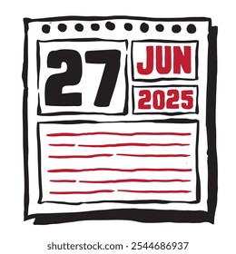Esta ilustración presenta un elegante calendario de 2025 con marcas claras de fecha y mes, diseñado para una fácil planificación. Minimalista y organizado, destaca cada mes de fecha y líneas de nota 27 de junio