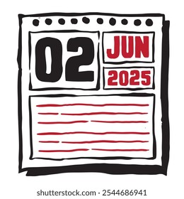 Esta ilustración presenta un elegante calendario de 2025 con marcas claras de fecha y mes, diseñado para una fácil planificación. Minimalista y organizado, destaca cada mes de fecha y líneas de nota 2 Junio