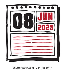 Esta ilustración presenta un elegante calendario de 2025 con marcas claras de fecha y mes, diseñado para una fácil planificación. Minimalista y organizado, destaca cada mes de fecha y las líneas de nota 8 de junio