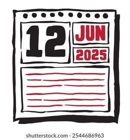 This illustration features a sleek 2025 calendar with clear date and month markings, designed for easy planning. Minimalist and organized, it highlights each date month and note lines 12 June