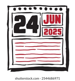 Esta ilustración presenta un elegante calendario de 2025 con marcas claras de fecha y mes, diseñado para una fácil planificación. Minimalista y organizado, destaca cada mes de fecha y líneas de nota 24 de junio