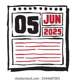 This illustration features a sleek 2025 calendar with clear date and month markings, designed for easy planning. Minimalist and organized, it highlights each date month and note lines 5 June