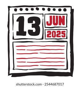 This illustration features a sleek 2025 calendar with clear date and month markings, designed for easy planning. Minimalist and organized, it highlights each date month and note lines 13 June