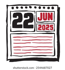 Esta ilustración presenta un elegante calendario de 2025 con marcas claras de fecha y mes, diseñado para una fácil planificación. Minimalista y organizado, destaca cada mes de fecha y líneas de nota 22 de junio
