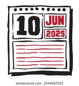 This illustration features a sleek 2025 calendar with clear date and month markings, designed for easy planning. Minimalist and organized, it highlights each date month and note lines 10 June