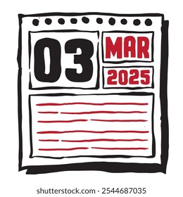 This illustration features a sleek 2025 calendar with clear date and month markings, designed for easy planning. Minimalist and organized, it highlights each date month and note lines 3 March