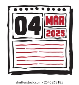 This illustration features a sleek 2025 calendar with clear date and month markings, designed for easy planning. Minimalist and organized, it highlights each date month and note lines 4 March