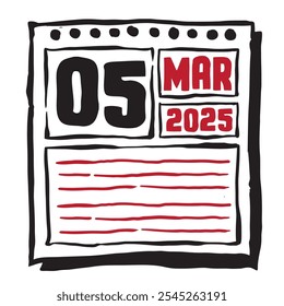 This illustration features a sleek 2025 calendar with clear date and month markings, designed for easy planning. Minimalist and organized, it highlights each date month and note lines 5 March