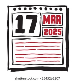 This illustration features a sleek 2025 calendar with clear date and month markings, designed for easy planning. Minimalist and organized, it highlights each date month and note lines 17 March