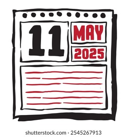 This illustration features a sleek 2025 calendar with clear date and month markings, designed for easy planning. Minimalist and organized, it highlights each date month and note lines 11 May