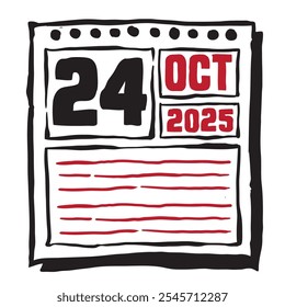 This illustration features a sleek 2025 calendar with clear date and month markings, designed for easy planning. Minimalist and organized, it highlights each date month and note lines 24 October