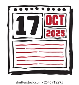 This illustration features a sleek 2025 calendar with clear date and month markings, designed for easy planning. Minimalist and organized, it highlights each date month and note lines 17 October