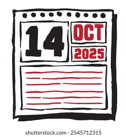 Esta ilustración presenta un elegante calendario de 2025 con marcas claras de fecha y mes, diseñado para una fácil planificación. Minimalista y organizado, destaca cada mes de fecha y líneas de nota 14 de octubre