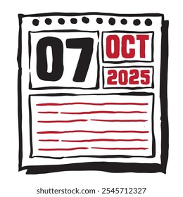 This illustration features a sleek 2025 calendar with clear date and month markings, designed for easy planning. Minimalist and organized, it highlights each date month and note lines 7 October