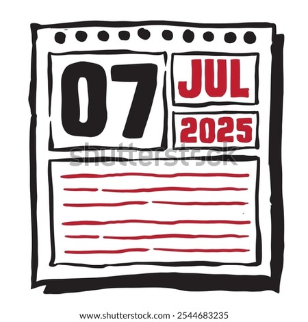 This illustration features a sleek 2025 calendar with clear date and month markings, designed for easy planning. Minimalist and organized, it highlights each date month and note lines 7 July