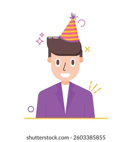 This illustration features a smiling man wearing a party hat, representing celebration, joy, and a festive mood.