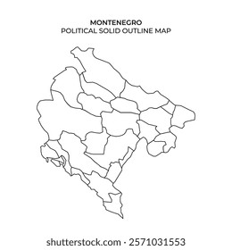 This illustration features a solid outline map showing the political boundaries of Montenegros administrative regions. The design highlights various areas within the country.