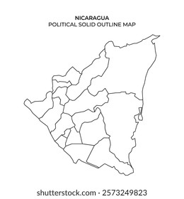 This illustration features a solid outline map of Nicaragua, highlighting its various political regions. The clear divisions showcase the countrys administrative boundaries effectively.