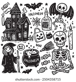 This illustration features spooky Halloween doodles, including skeletons, a witch cat, bats, and a haunted house. Each on a separate layer, can be removed or replaced