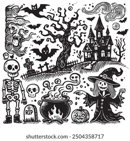 This illustration features spooky Halloween doodles, including skeletons, a witch cat, bats, and a haunted house. Each on a separate layer, can be removed or replaced