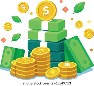 This illustration features a stack of green cash bundles with gold coins and floating money bills and coins in the air, conveying a sense of financial success and prosperity. The cartoon style design makes it suitable for use in various financial and business contexts.
