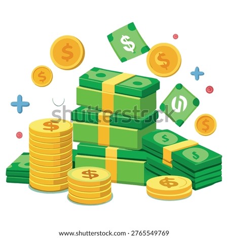 This illustration features a stack of green cash bundles with gold coins and floating money bills and coins in the air, conveying a sense of financial success and prosperity. The cartoon style design makes it suitable for use in various financial and business contexts.
