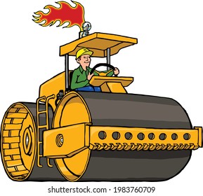 This illustration features a steam roller with hot flames coming out of the exhaust. 