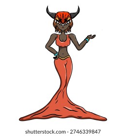 
This illustration features a striking female character with a fusion of mystical and demonic elements. She wears a vibrant orange crop top and a long, flowing skirt that pools at her feet, suggesting a fluid or supernatural nature. 