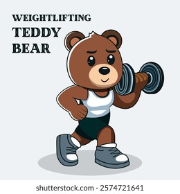 This illustration features a strong teddy bear lifting a dumbbell. Dressed in a white tank top, black shorts, and sneakers, the "Weightlifting Teddy Bear" radiates determination and fitness energy. Pl