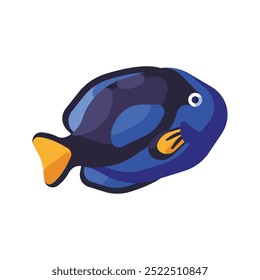 Diese Illustration zeigt einen stilisierten blauen Tangfisch, der in satten Blautönen mit einer gelben Schwanzflosse dargestellt ist. Das Cartoon-Design auf weißem Hintergrund