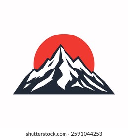 This illustration features a stylized depiction of a mountain with sharp, angular lines, contrasting black and white colors to represent the rocky terrain and snow-covered peaks.